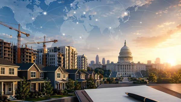 US housing policy symbolized by new homes, government building, and global connection map.