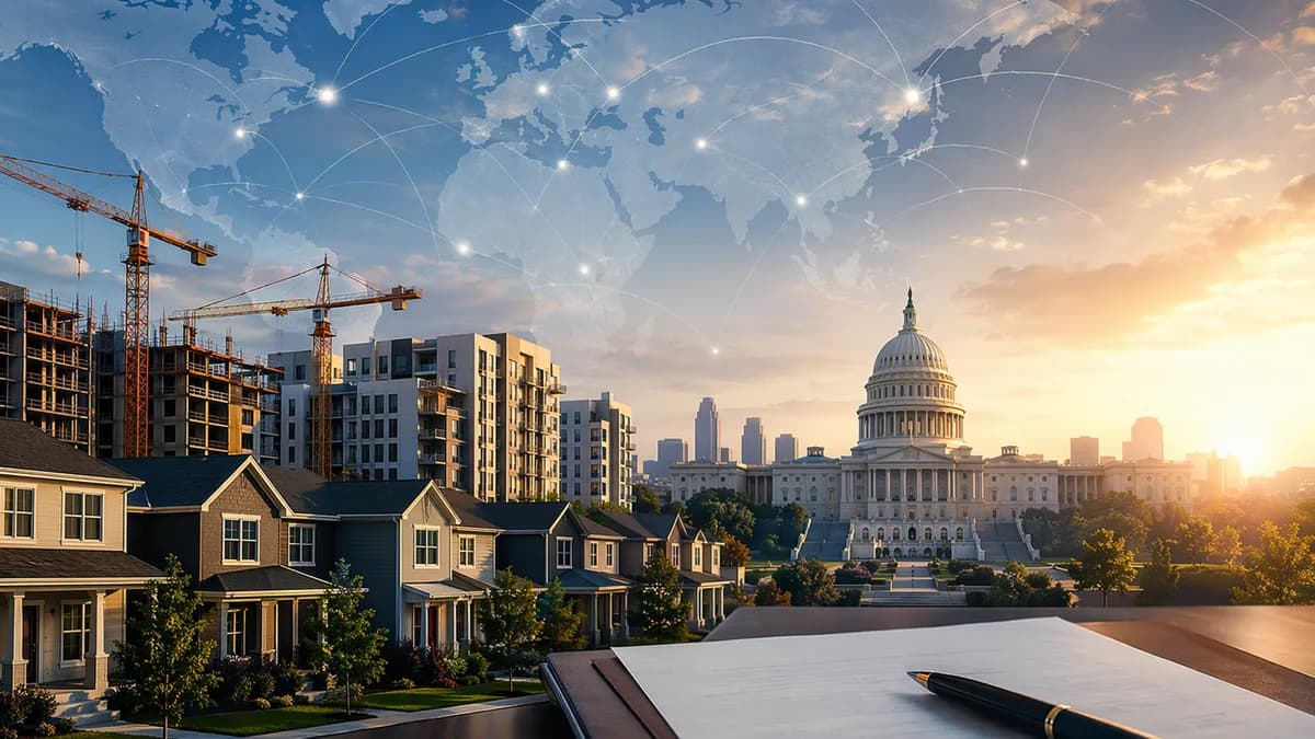 US housing policy symbolized by new homes, government building, and global connection map.