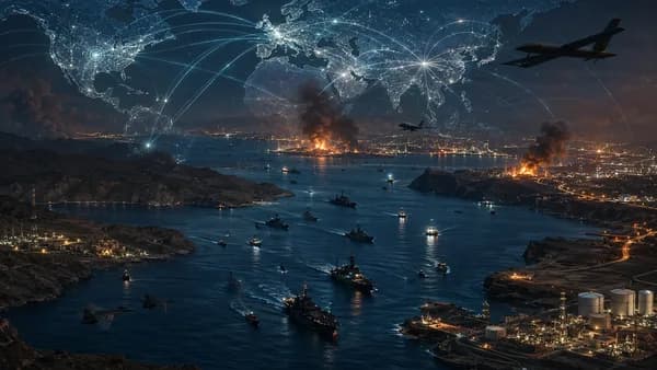 Night aerial view of Hormuz with strikes, naval forces, global map overlays and geopolitical tension.