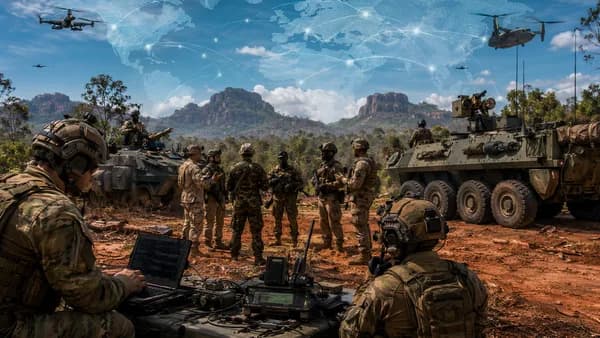 Allied soldiers train in the Australian bush with global map connections overhead.