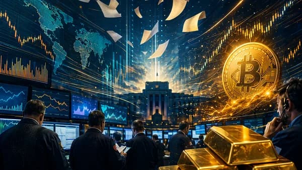 Trading floor with Bitcoin and gold rally imagery ahead of key jobs data