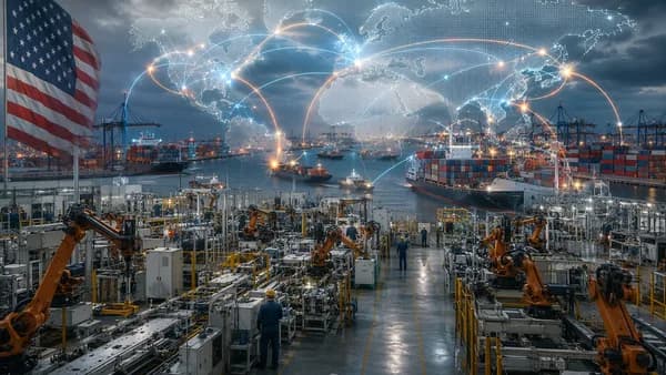 Automated US factory with global shipping routes on a world map, symbolizing tariffs and supply chain detours.