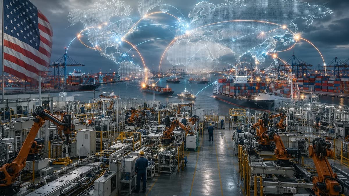 Automated US factory with global shipping routes on a world map, symbolizing tariffs and supply chain detours.
