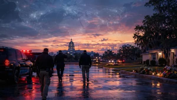 Somber Louisiana law enforcement scene with global map overlay and emergency lights at dusk.