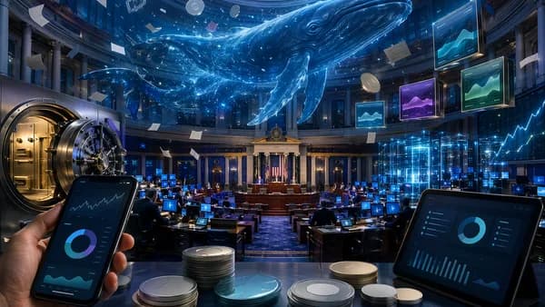 A whale silhouette looms over a Senate chamber and crypto market dashboards, symbolizing policy-driven market risk.