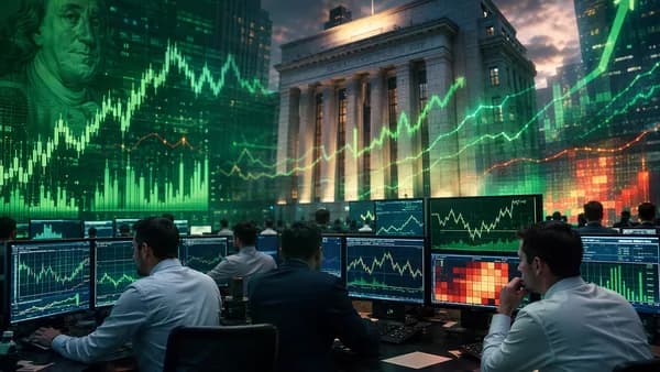 Trading floor with market charts and Fed backdrop suggesting steady PMI growth and dollar volatility