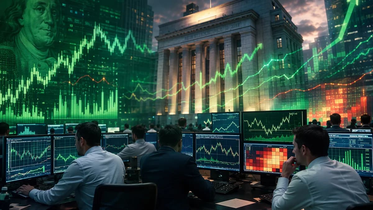 Trading floor with market charts and Fed backdrop suggesting steady PMI growth and dollar volatility