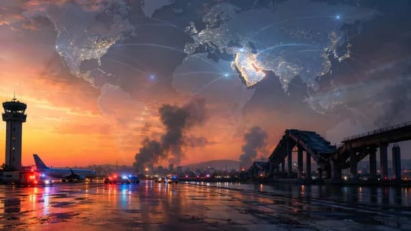 Distant airport and bridge damage with smoke, world map overlay, global crisis mood