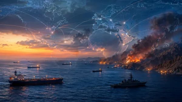 Oil tankers and naval silhouettes near the Strait of Hormuz with distant smoke and global map connections.