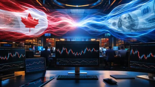 Balanced USD/CAD market visualization on a modern trading floor with calm charts and traders waiting.