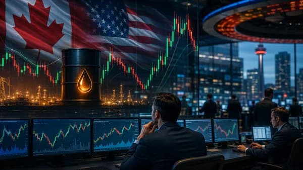 Trading floor with currency charts and oil motif showing cautious USD/CAD market mood