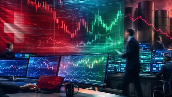 Trading desk with abstract USD/CHF charts and oil barrels, suggesting easing crude and a firmer Swiss franc.