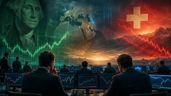 Currency trading desk showing dollar strength and weaker Swiss franc amid geopolitical tension