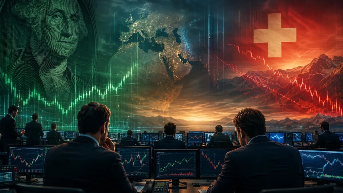 Currency trading desk showing dollar strength and weaker Swiss franc amid geopolitical tension