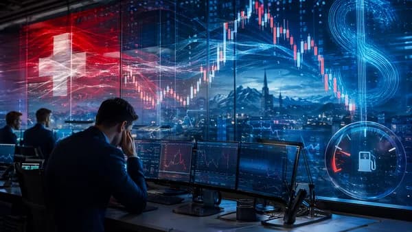 Forex trading desk with Swiss-themed charts fading under stronger dollar market pressure.