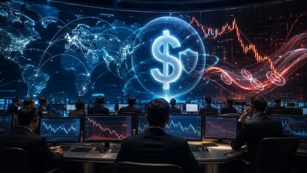 Global traders hedge US dollar exposure amid market data and currency risk visuals.