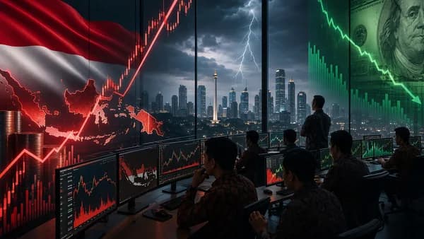 Rupiah recovery visualized on a modern trading floor as dollar momentum fades amid market caution