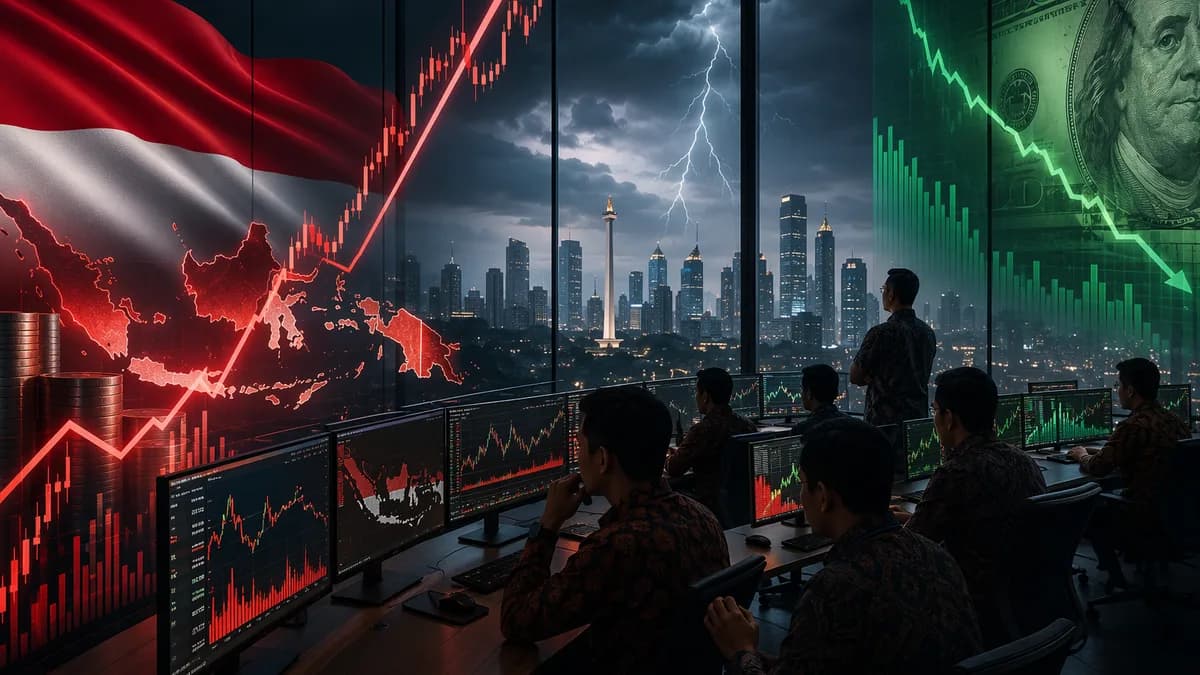 Rupiah recovery visualized on a modern trading floor as dollar momentum fades amid market caution