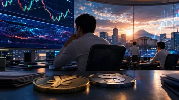 Tokyo forex trading desk with market charts showing yen volatility before a central bank decision