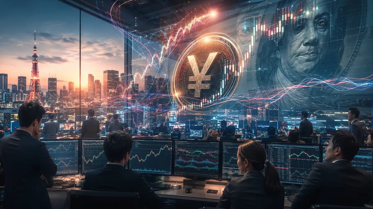 Trading floor visualizes yen rising amid intervention risk and volatile dollar-yen market pressure.