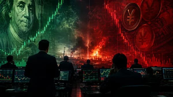 FX trading floor with abstract yen-dollar market charts and geopolitical risk glow