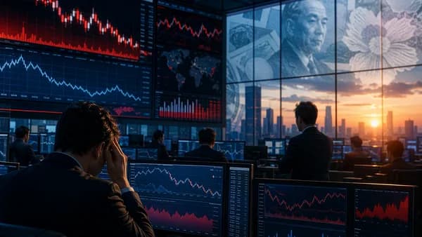 Tense trading floor with market charts and currency visuals signaling risk-off pressure before U.S. data.