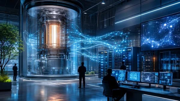 Futuristic nuclear reactor powering AI servers in a sleek tech innovation hub