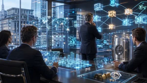Modern finance control room visualizing tokenization, custody, and digital asset settlement networks.