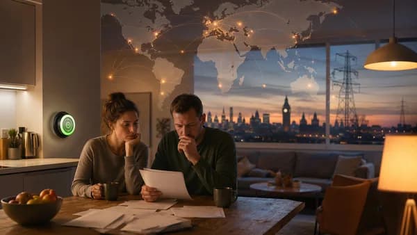 UK home with glowing smart meter, power grid, London skyline, and global map overlay symbolizing energy bills.