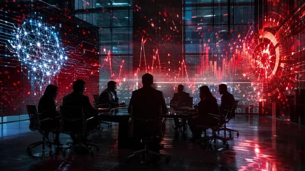 Anonymous startup boardroom with glowing data warnings, suggesting VC pressure and fraud risk.