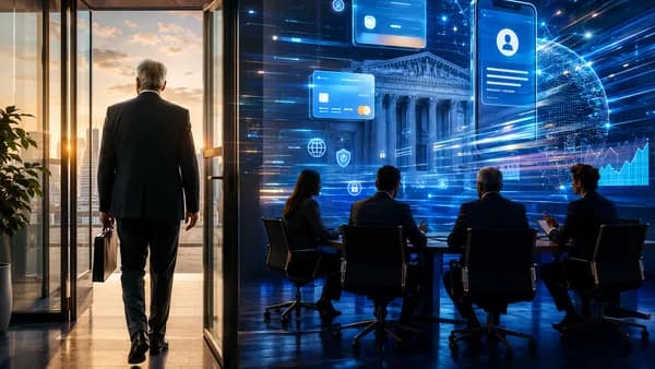 Executive exits a modern credit union boardroom as digital banking data signals urgent fintech change.