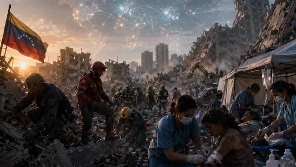 Medics and rescuers aid earthquake survivors in Venezuela amid rubble and global crisis imagery.