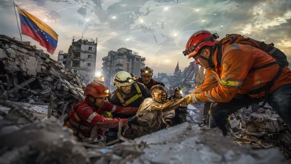 Rescuers pull a survivor from earthquake rubble in Venezuela with a subtle world map overlay.