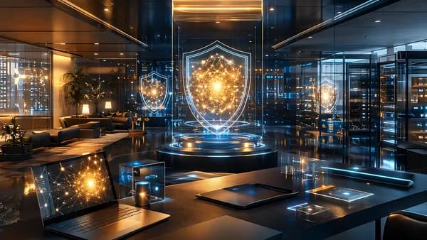 Privacy-focused AI platform visualized with neural networks, shields, and glowing startup innovation hub.