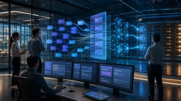 Futuristic AI control hub separating agent networks from model servers in a sleek tech workspace.