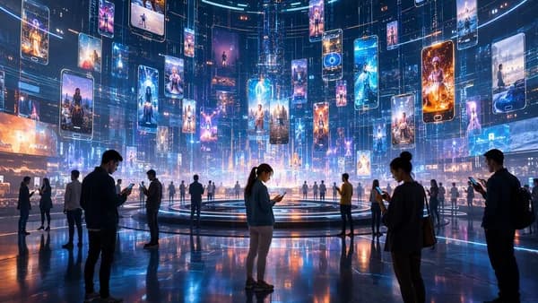 Futuristic tech hub with glowing vertical video panels and people focused on mobile screens.