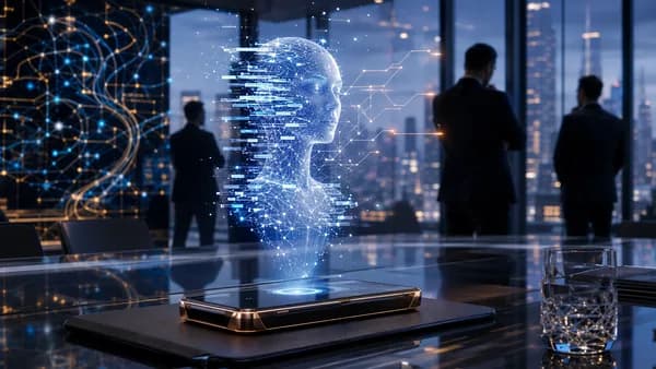 Luxury AI phone in executive office with glitching holographic assistant, suggesting unreliable performance