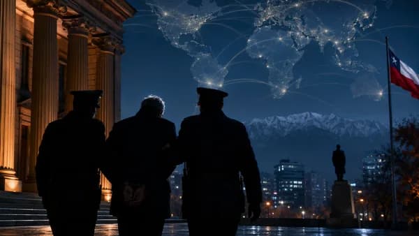 Anonymous fugitive arrest in Chile with courthouse, Andes, and global map connections in cinematic lighting.