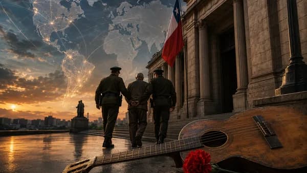 Chilean courthouse scene with guitar memorial, escorted soldier, and global map connections.