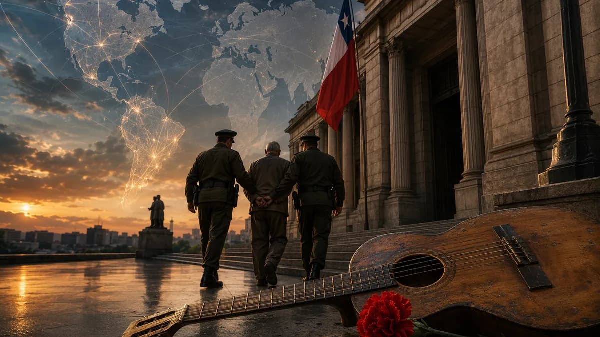 Chilean courthouse scene with guitar memorial, escorted soldier, and global map connections.