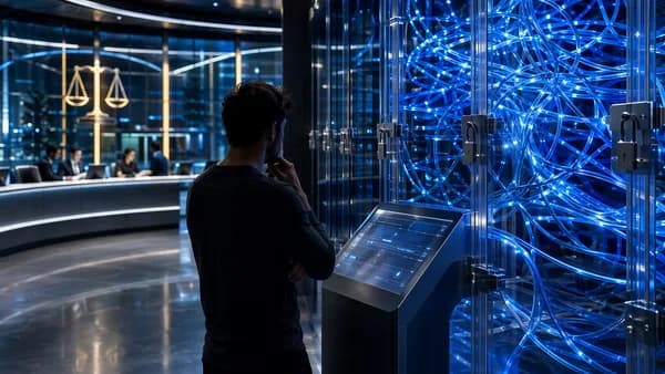 Customer silhouette trapped by tangled fiber-optic cables in a futuristic telecom service hub.