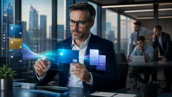 CFO analyzes holographic virtual cards and cash-flow visuals in a modern fintech office.