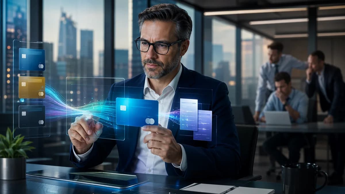 CFO analyzes holographic virtual cards and cash-flow visuals in a modern fintech office.