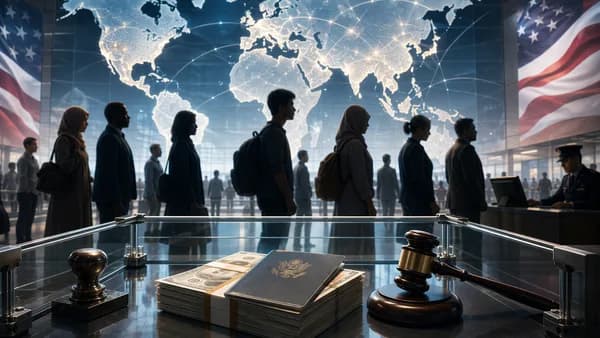 Visa applicants face a cash bond barrier against a glowing world map and government screening backdrop.