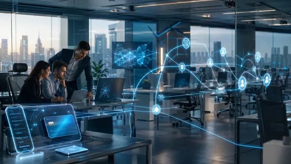 Small fintech team uses AI automation in a modern office with empty desks and digital payment visuals.
