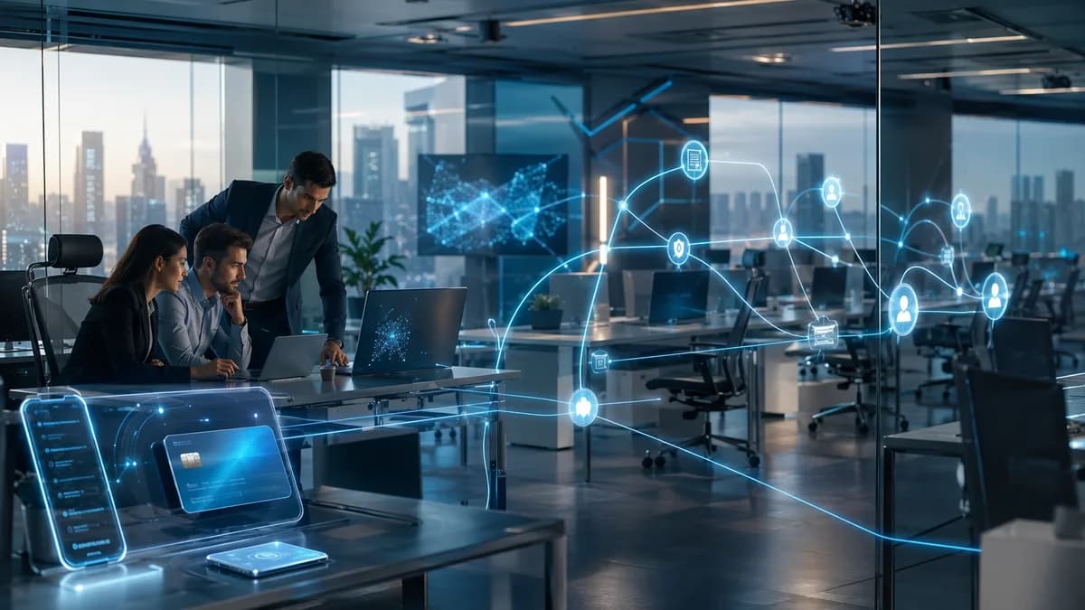 Small fintech team uses AI automation in a modern office with empty desks and digital payment visuals.