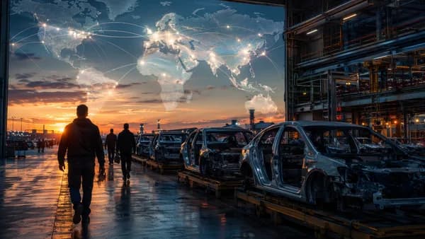 German car factory at dusk with workers leaving and global trade map overlay, symbolizing restructuring.