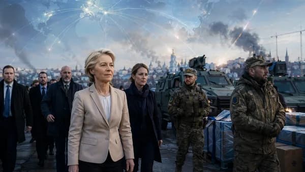 EU leader in Kyiv with defence support imagery, world map overlay, and tense geopolitical atmosphere.
