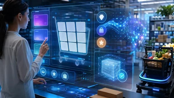 AI-powered ecommerce checkout scene with blank coupon cards, smart cart, packages, and holographic screens.