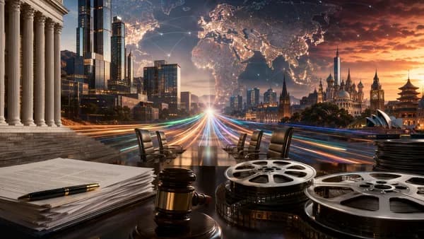 Hollywood media merger under legal scrutiny with global map and boardroom imagery